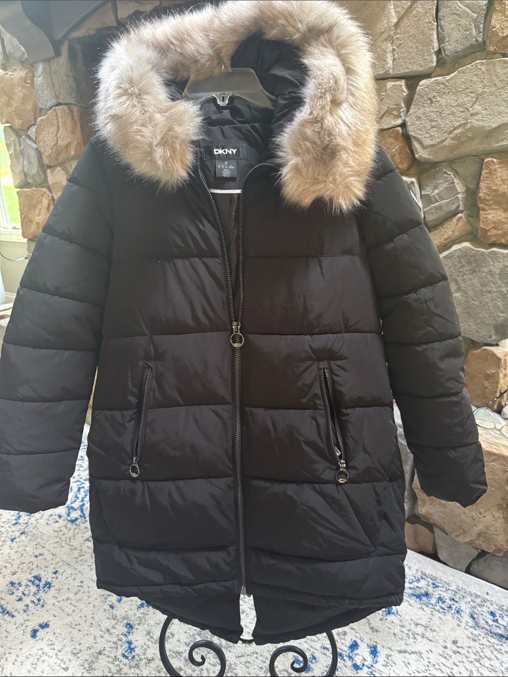 DKNY Black Puffer Coat with Faux Fur Trim